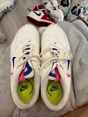 Nike White Sneakers with Blue, Pink & Neon Yellow Accents